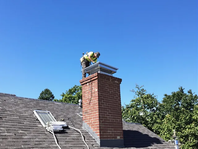 East Hampton Chimney Sweep technician measuring a chimney cap in East Hampton, CT