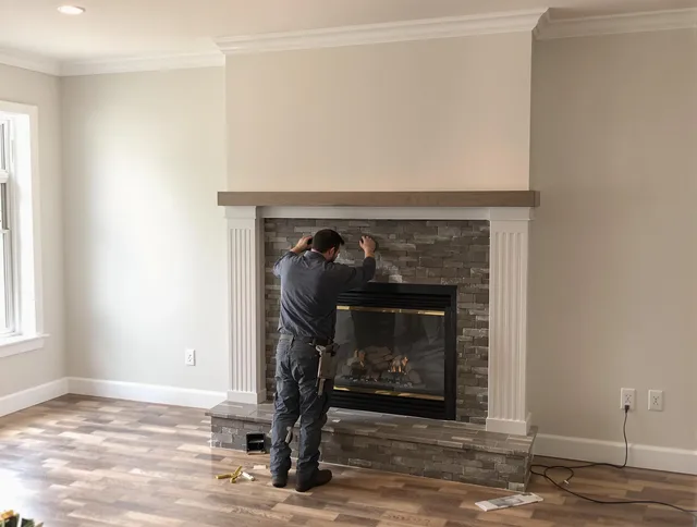 East Hampton Chimney Sweep finishing a custom fireplace install in East Hampton, CT